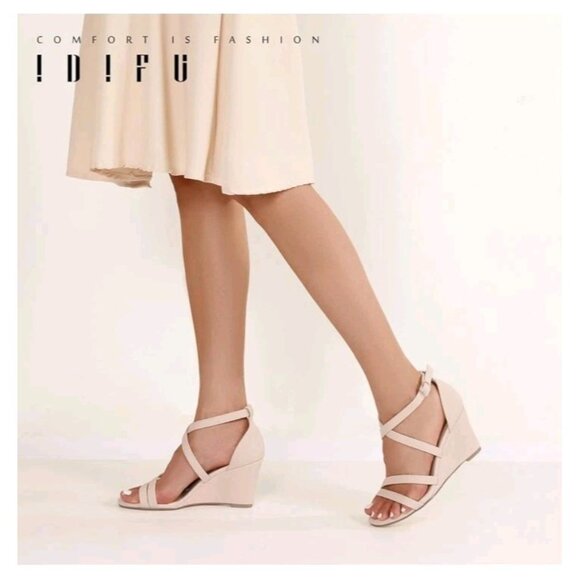 IDIFU Women's 3 Inch Strappy Wedge Sandals Open Toe Dressy Wedges For Women Nude - Picture 3 of 6